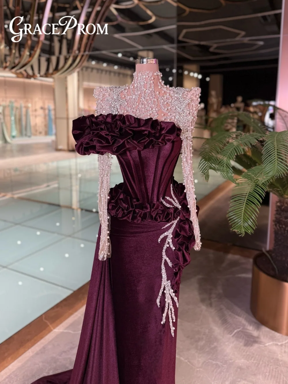 

Luxurious Velvet Evening Dress Sophisticated Off-Shoulder Evening Gown Opulent Embellished Floor-Length Party Gown Customized