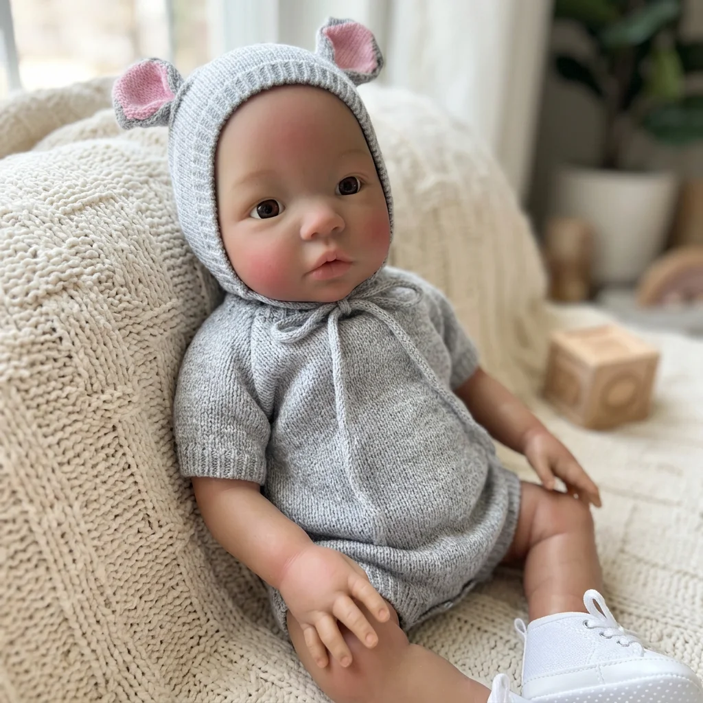 18 Inch Full Body Silicone Reborn Doll Dark Skin Tone With Grey Pig Knitted Hat Outfit Lifelike Newborn Hand Painted Waterproof
