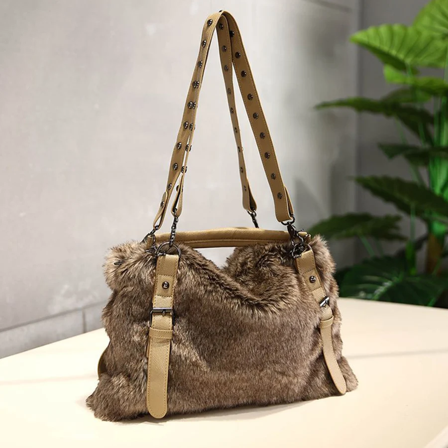 Women Soft Plush Hand Bag New Winter Camel Rivets Large Capacity Tote Bags Female Underarm Bags Faux Fur Shoulder Crossbody Bag
