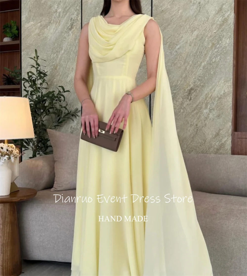 디안루오 라운드넥 사우디아라비아 이브닝 드레스 주름 장식 민소매 파티 가운 A라인 옐로우 쉬폰 드레스 여성 맞춤 제작