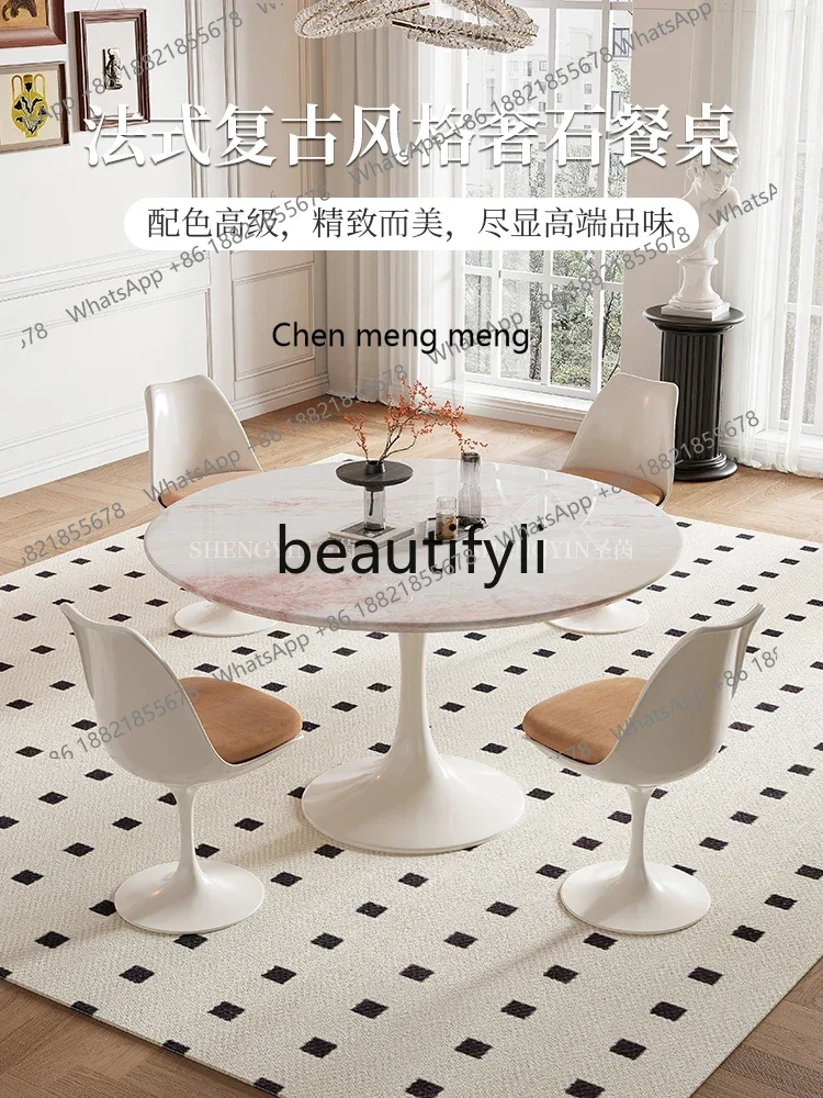 

GG Natural Marble Dining Table French Cream Style Home Luxury Stone Round Dining Table and Chair Set