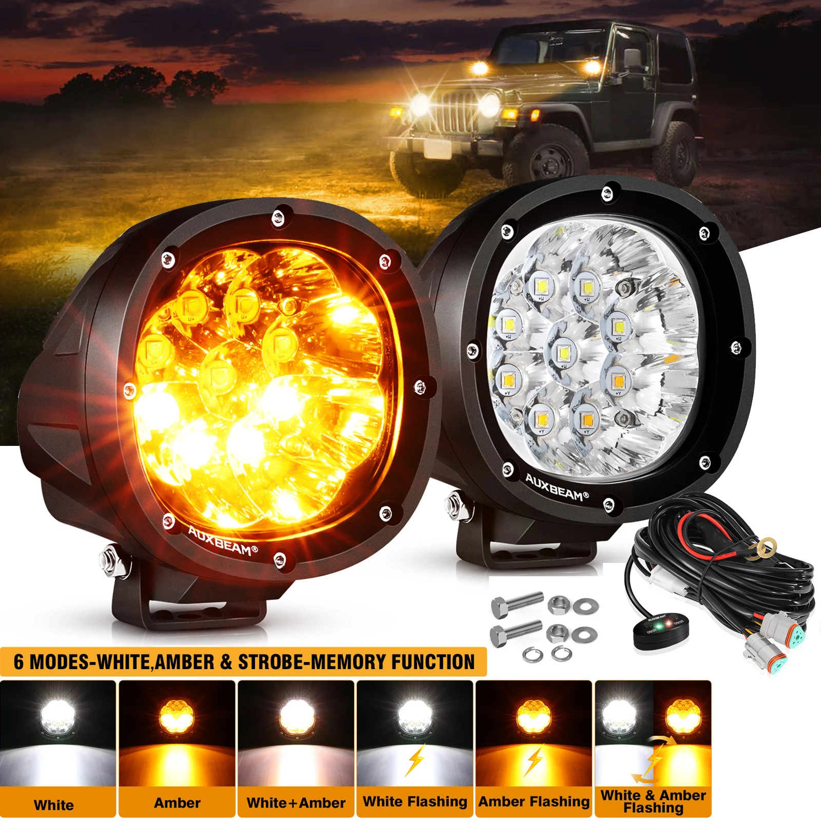 4 Inch 90W Round LED Work Lights Driving Lamps LED Light Pods 6 Mode White & Amber Fog Lamp For Truck Pickup SUV ATV UTV