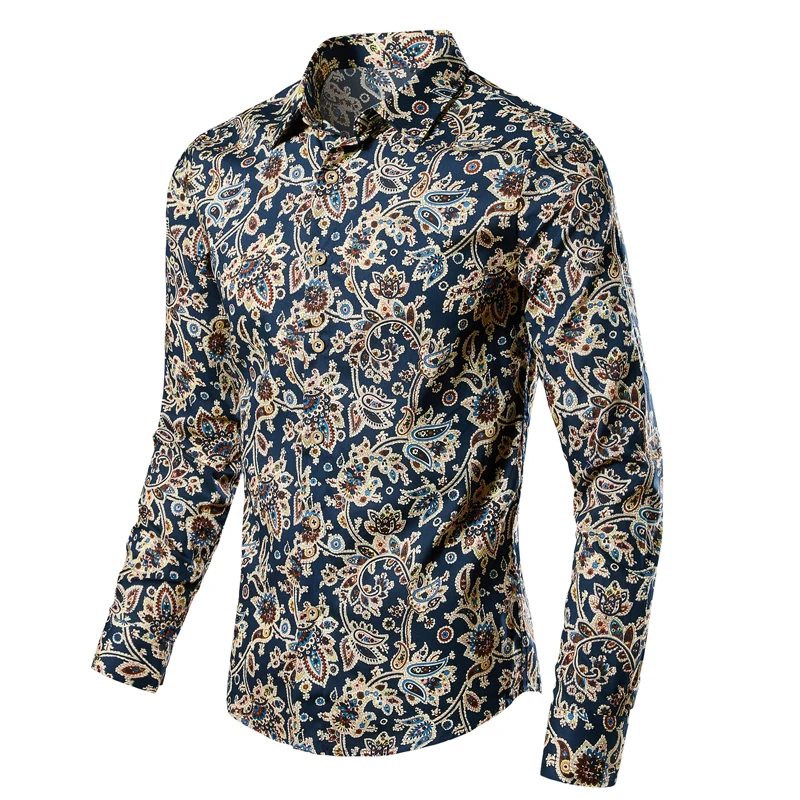 New Men\'s Long Sleeve Hawaiian Shirts Cotton Casual Floral Casual Shirts Fashion Slim Print Male Beach Blouse Plus Size M-5XL