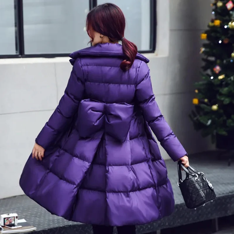 Winter Down Cotton Coat Women's 2025 Slim Sweet Parkas Thick Warm Big Bow Outwear Lady Medium-Long Fluffy Dress Windproof Jacket