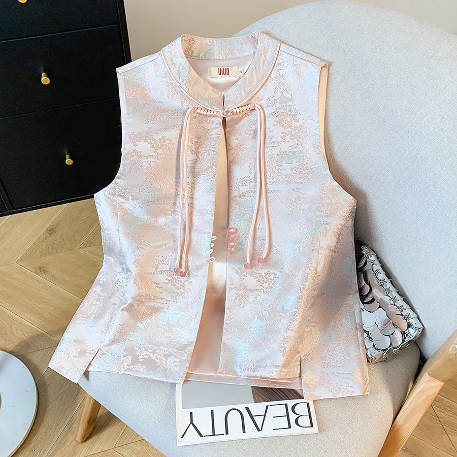 New Chinese Style Handmade Button Stand Collar High End Embroidered Satin Vest Top Outerwear Standard Fit Knitted Fabric