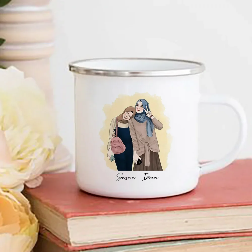 Personalised Hijabi Girl Print Mug Coffee Cups Muslim Best Friend with Name Enamel Cup Handle Mugs Eid Birthday Gift for Friends