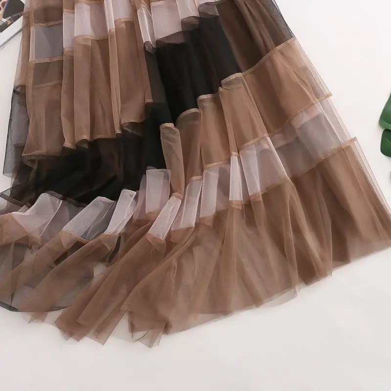 2025 neue Hohe Taille Gefaltete Midi Rock Weibliche Mode Patchwork frauen Frühling Sommer Elegante High Street Mesh Tüll Lange röcke
