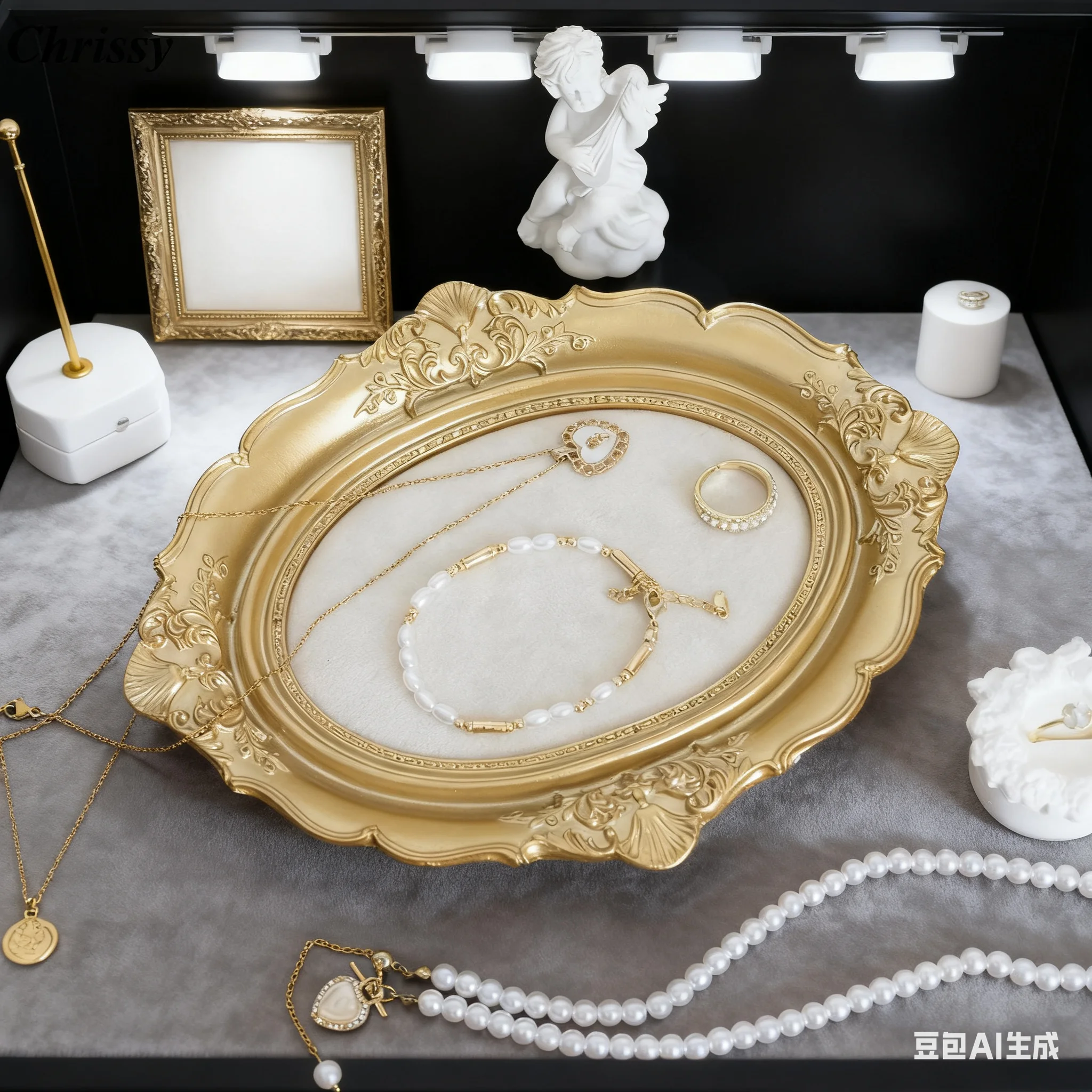 

Elegant Beige Velvet Photo Frame Jewelry Display, Multi-functional Organizer for Necklaces & Earrings, Boutique Showcase Decor