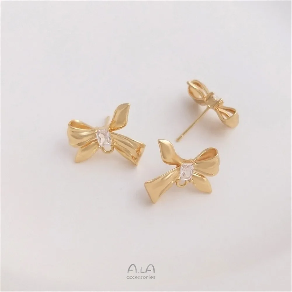 E253 14K Gold Plated Brass Rectangular Zircon Bow Earring Blanks With Pins DIY Earring Jewelry Findings