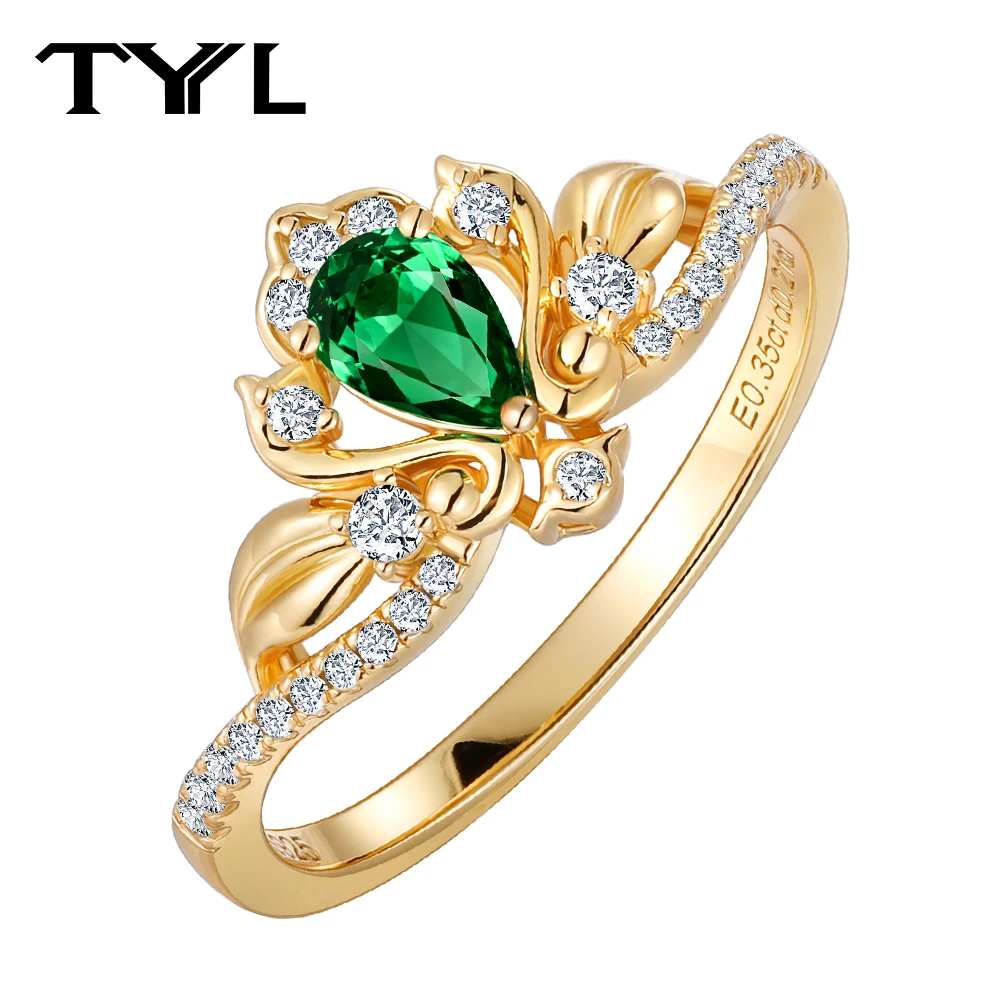 

TYYL 14K Gold Plated Lab Grown Emerald & Moissanite Ring Floral Design Wedding Anniversary Promise Band Luxury Jewelry for Women