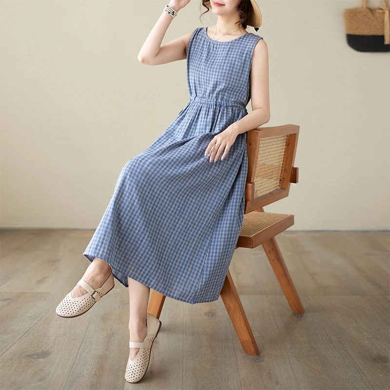 Verão svel algodão dr feminino faion redondo ne dupla camada xadrez fino a linha vestido artístico sle cintura solta