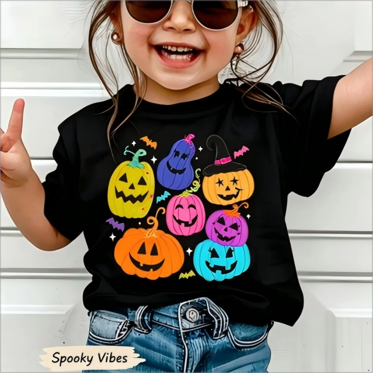 Cute Colorful Pumpkin Graphic T‑Shirt, Fun Halloween Spooky Bat Print Tee, Casual Holiday Party Top for Everyday Wear