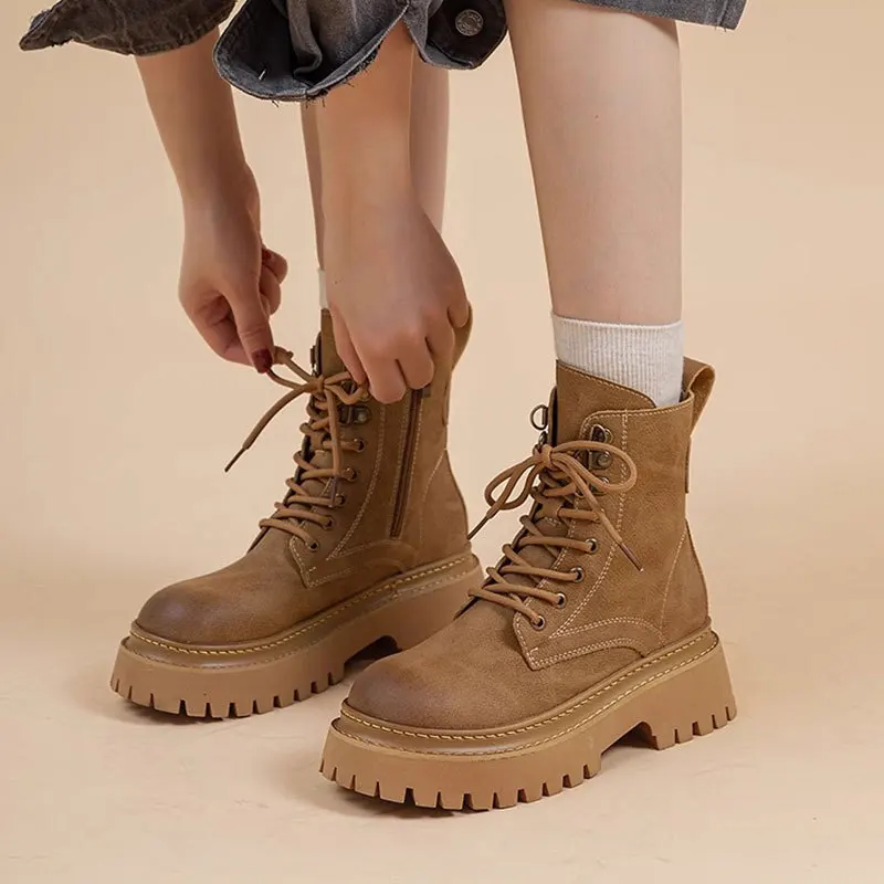 

Women's Boots Spring Autumn Waterproof Leather Motorcycle Sle Thi Bot High Heel Mid-Calf Boots round Toe Boots
