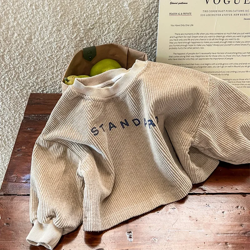 New Autumn Unisex Children Corduroy Sweatshirts Letter Printed Korean Style Toddlers Kids Casual Pullovers Tops