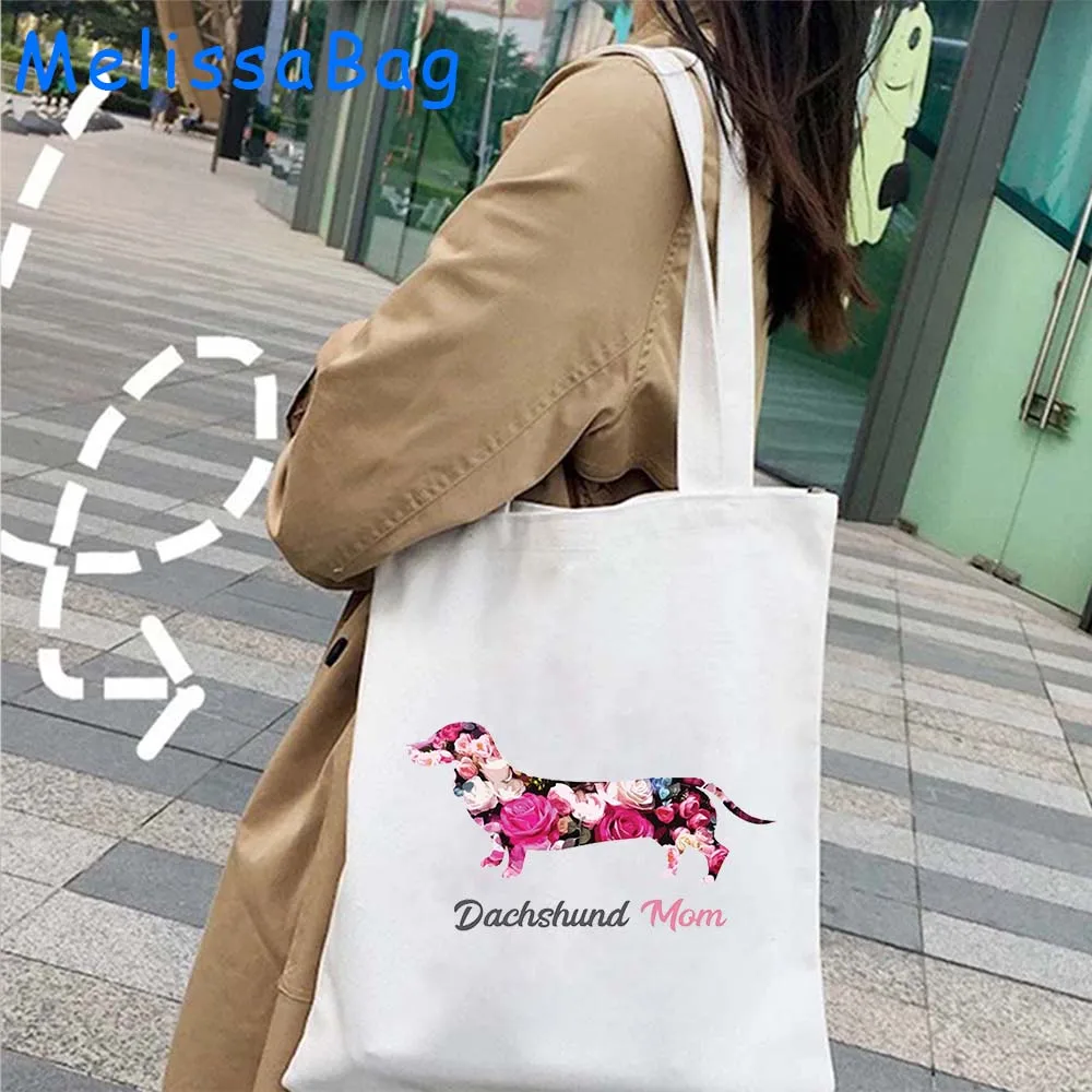 Cute Dachshund Puppy Dog Mom Floral Silhouette Funny Cartoon Hippie Dog Lover Heart Gift Canvas Shoulder Tote Bag Cotton Handbag