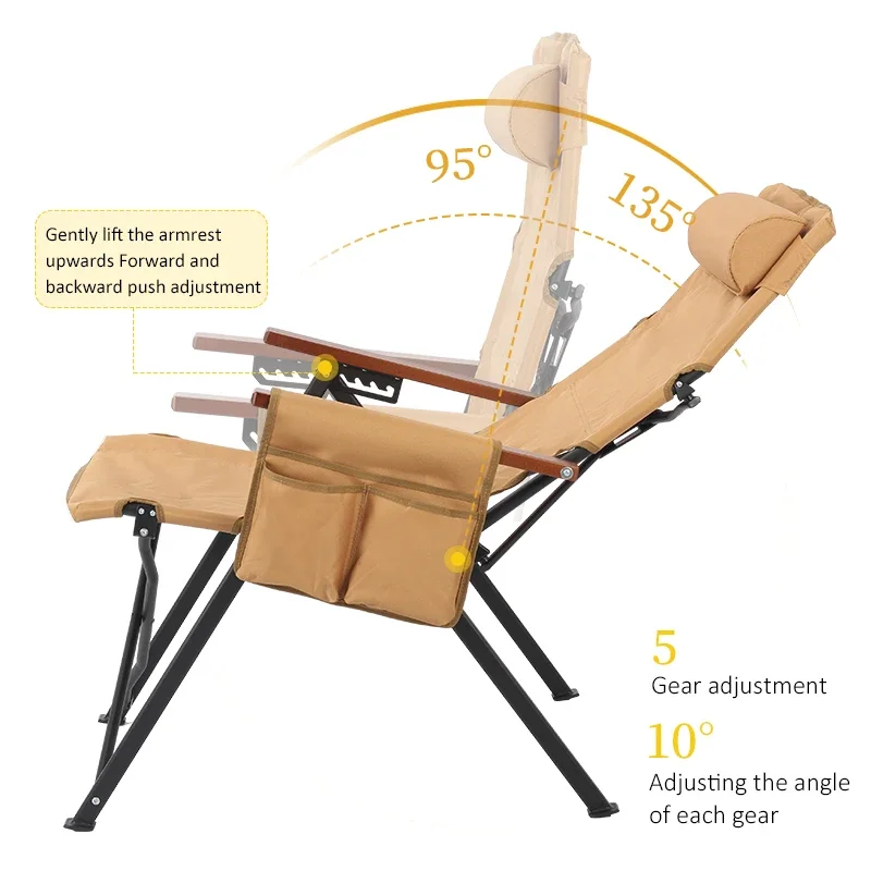 Adjustable 5-Position Folding Chair With Pillow & Armrests - Perfect For Outdoor Camping, Fishing, And Patio Relaxation