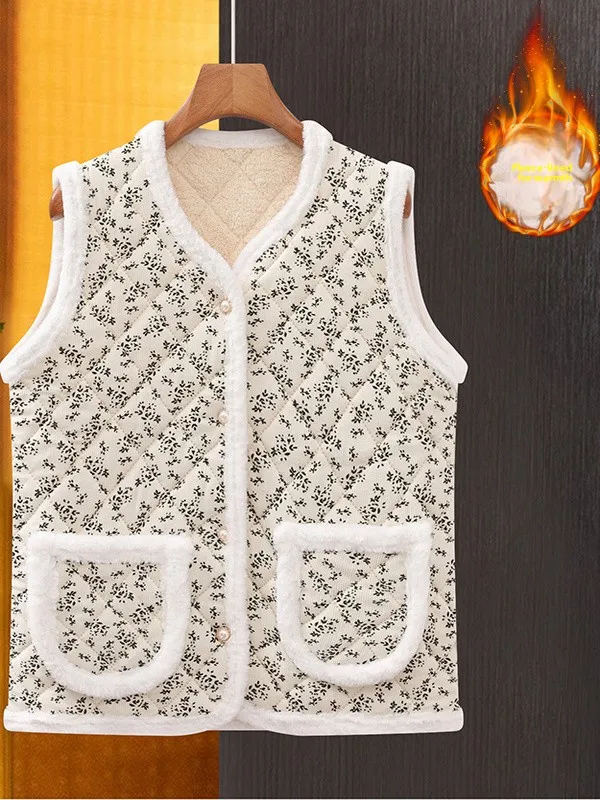 سترة نسائية أنيقة مبطنة بالصوف مع نقشة زهور للخريف والشتاء، سميكة مصنوعة من ألياف البوليستر