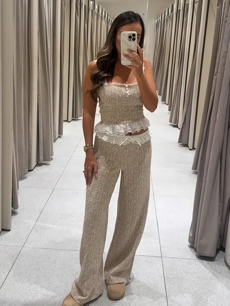 

HH 2026 Women Summer Fashion Splicing Texture Single Breasted Sleeveless Short Top+Mid Waist Zipper Casual Slim Long Pants Suit