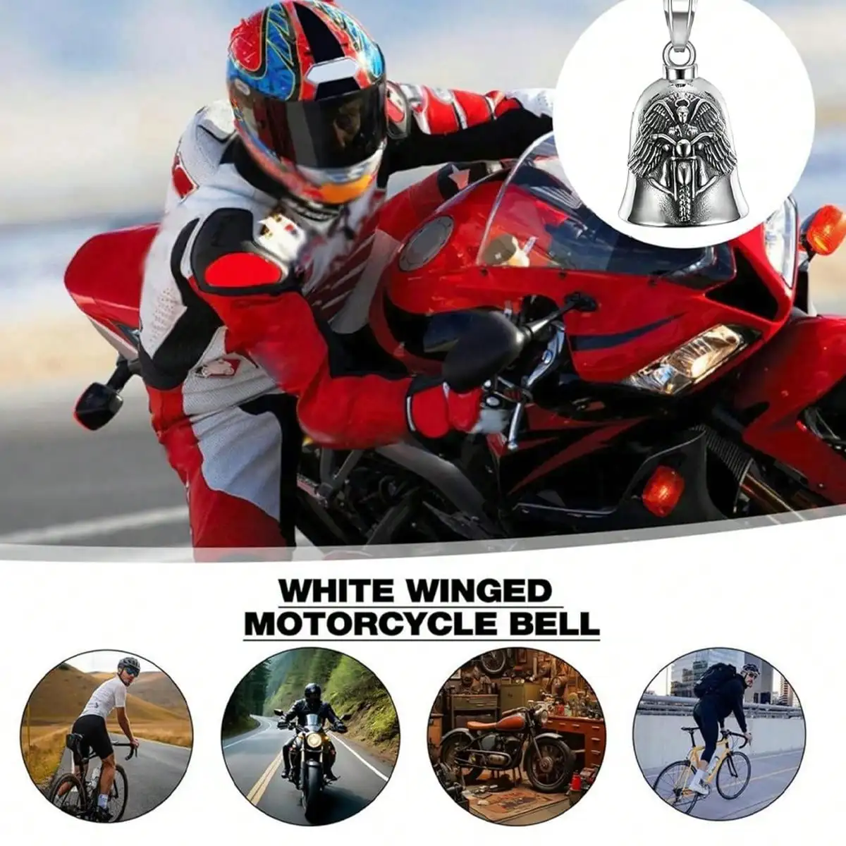 Punk Style Angel Fashion Angel Wings Bell Pendant Motorcycle Bell Keychain Men's Biker Exorcism Amulet Jewelry