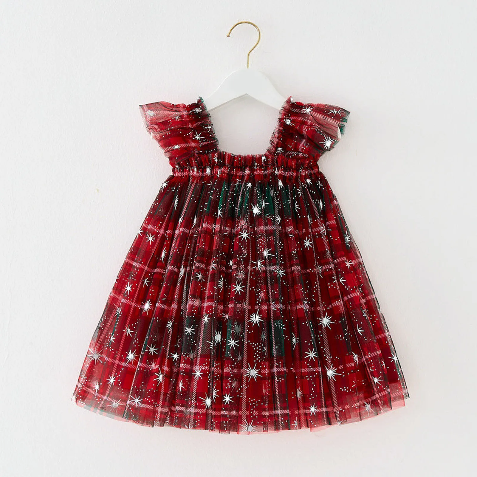 Baby Girl Kids Christmas Clothes Princess Tulle Dress Candy Cane/Plaid Print Sleeveles Square Neck Mesh Toddler Party Xmas Dress