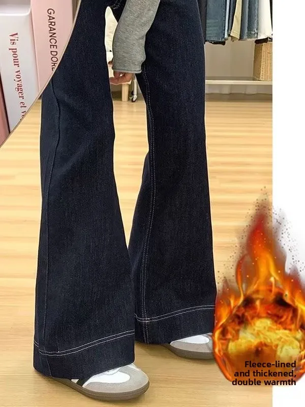 Women's Fleece Lined Thickened Retro Micro Flared Jeans High Waist Loose Fit Casual Denim Pants Autumn Winter plus Size