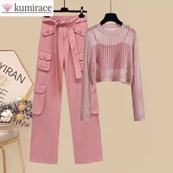 Spring Oversized Set for Women's 2024 New Pink Knitted Top Camisole Workwear Wide Leg Pants Three Piece Set Clothes for Women