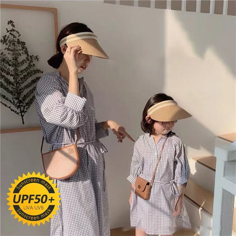 Mother-Daughter Straw Visor Hat Summer UV Protection UPF 50+ Breathable Lightweight Sun Hats, Open Top Beach Outdoor Sunscreen
