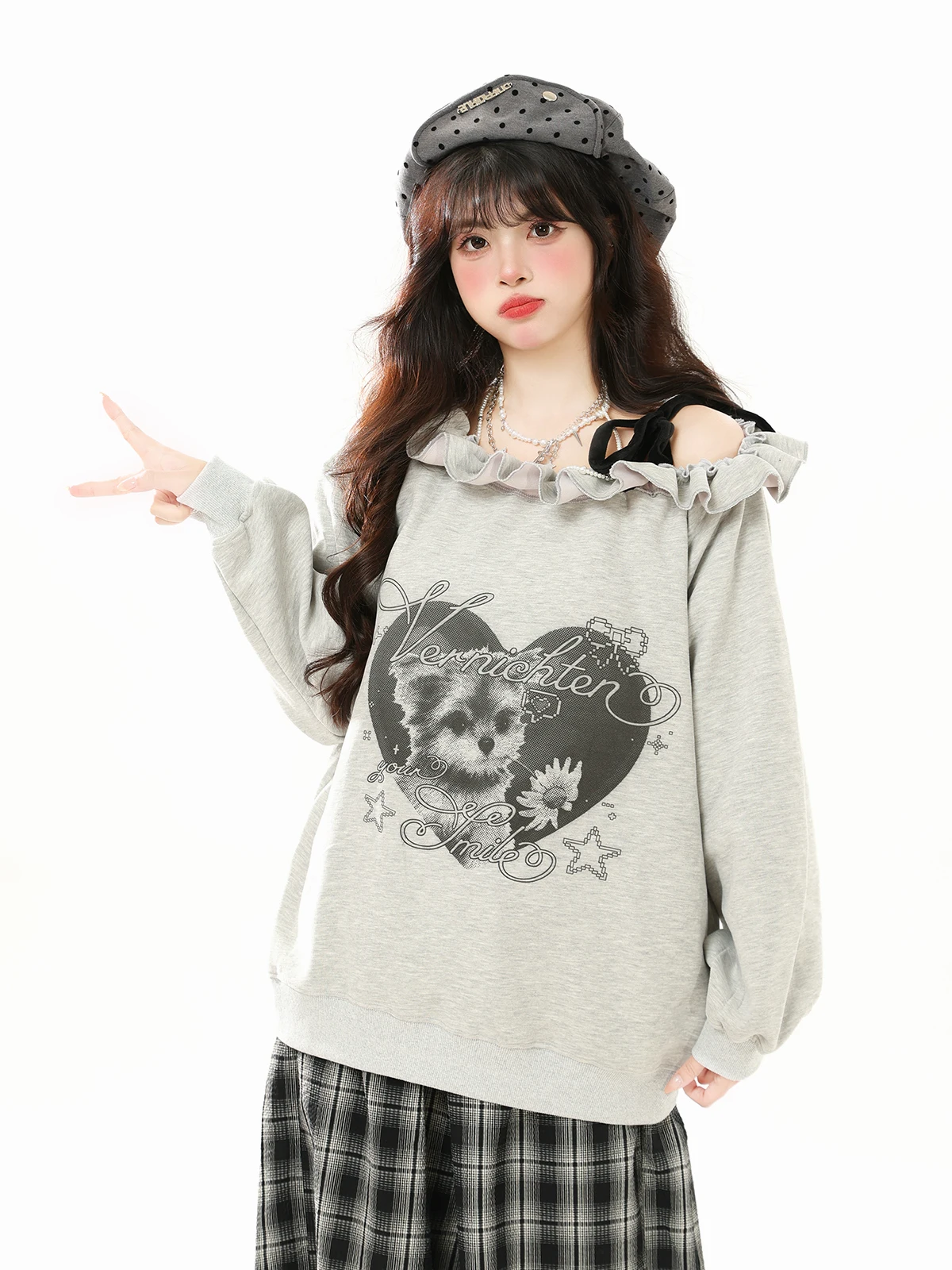 

Женский свитшот ENJOG с винтажным воротником-рюшами и открытыми плечами, осенний, универсальный, свободного кроя, в стиле «сладкий и пикантный»