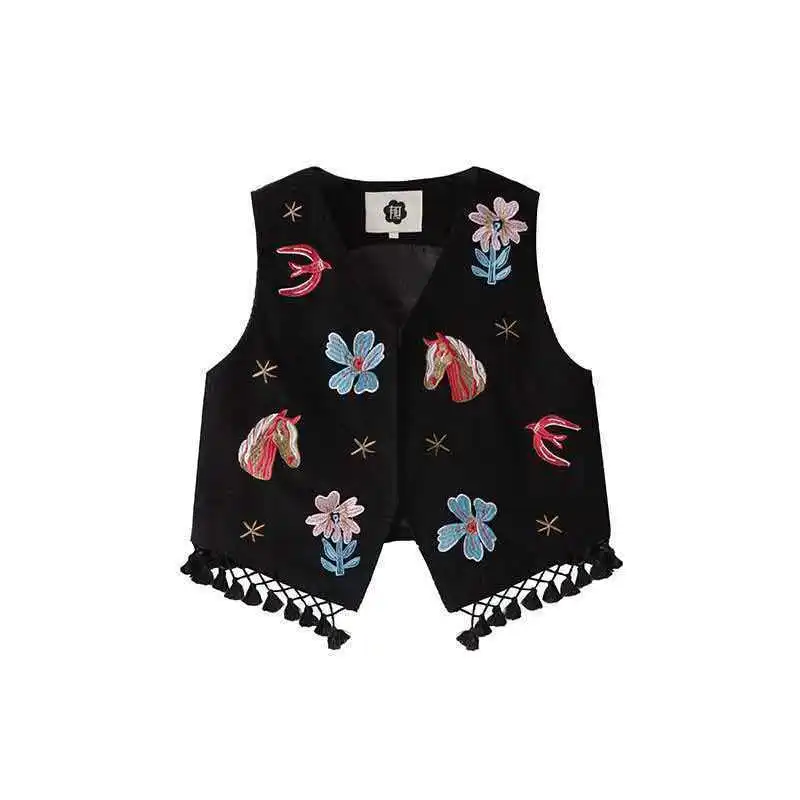 Vintage Black Floral Bird Embroidered Fringed Waistcoat for Women Spring Summer Casual Sleeveless Vintage Vest Outerwear