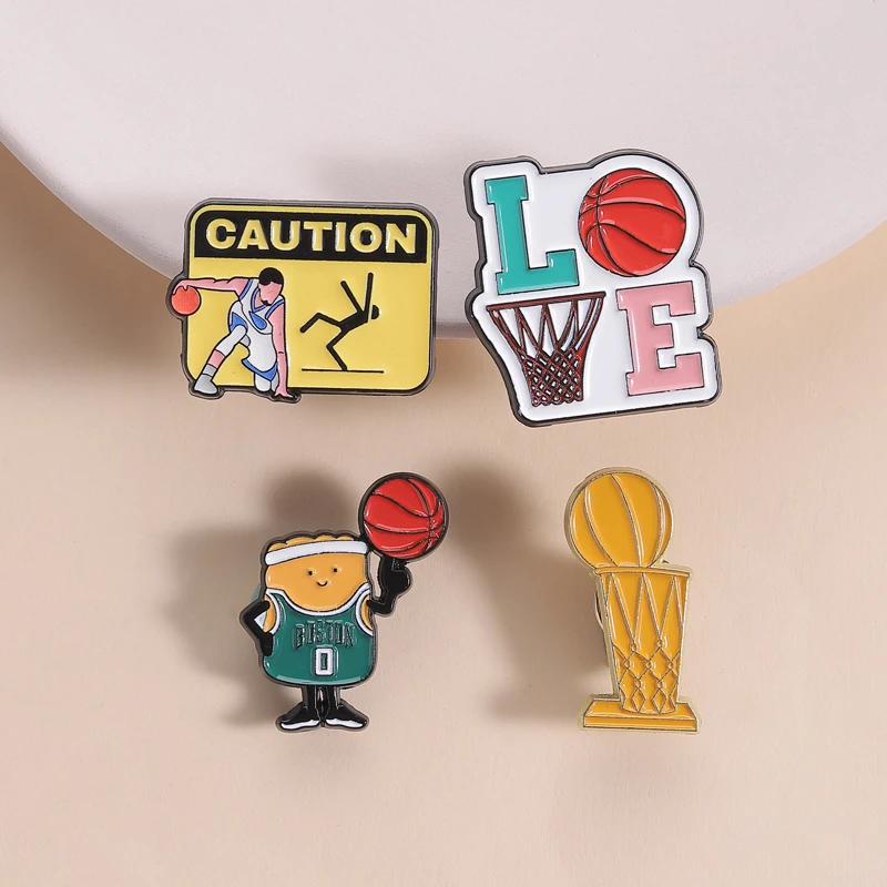 Spinning Basketball Enamel Pins Larry O'Brien Trophy Finger Spin Basketball Passing Through Hoop Brooch Lapel Badge Jewelry Gift