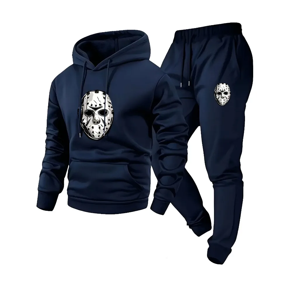 طقم هوديي كاجوال للرجال بطباعة قناع وسروال مطاطي، مناسب للأنشطة الخارجية للخريف/الشتاء