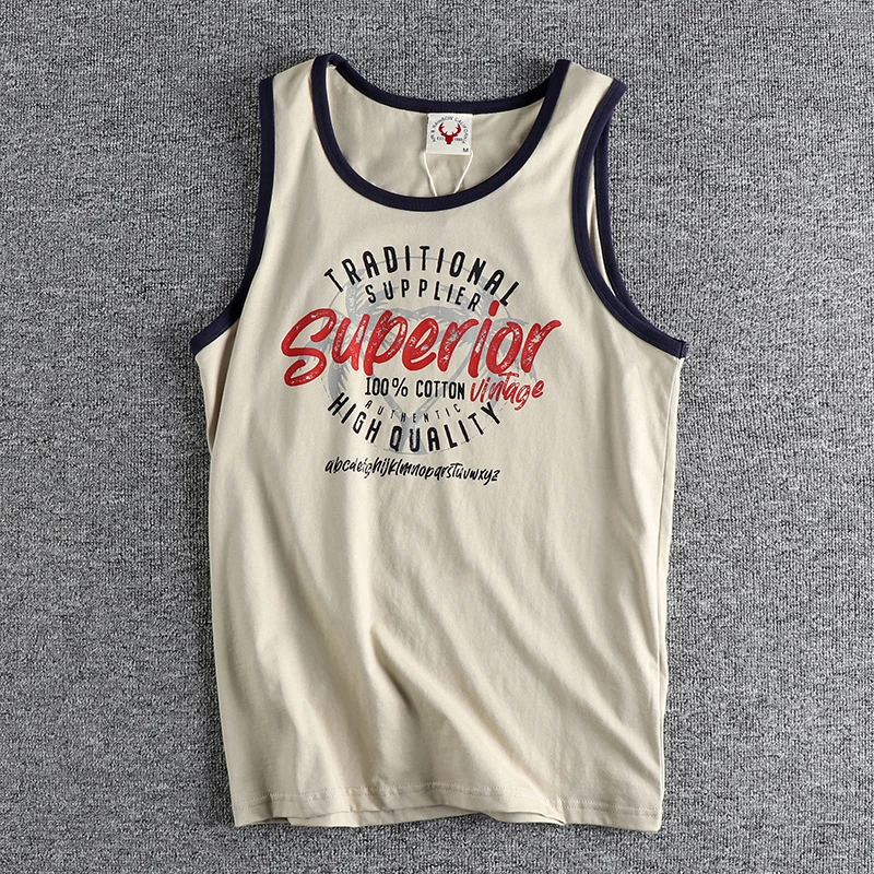 Summer New American Retro Sleeveless O-neck Letter Printed T-shirt Men\'s Fashion 100% Cotton Washed Old Casual Sports Vest Tops