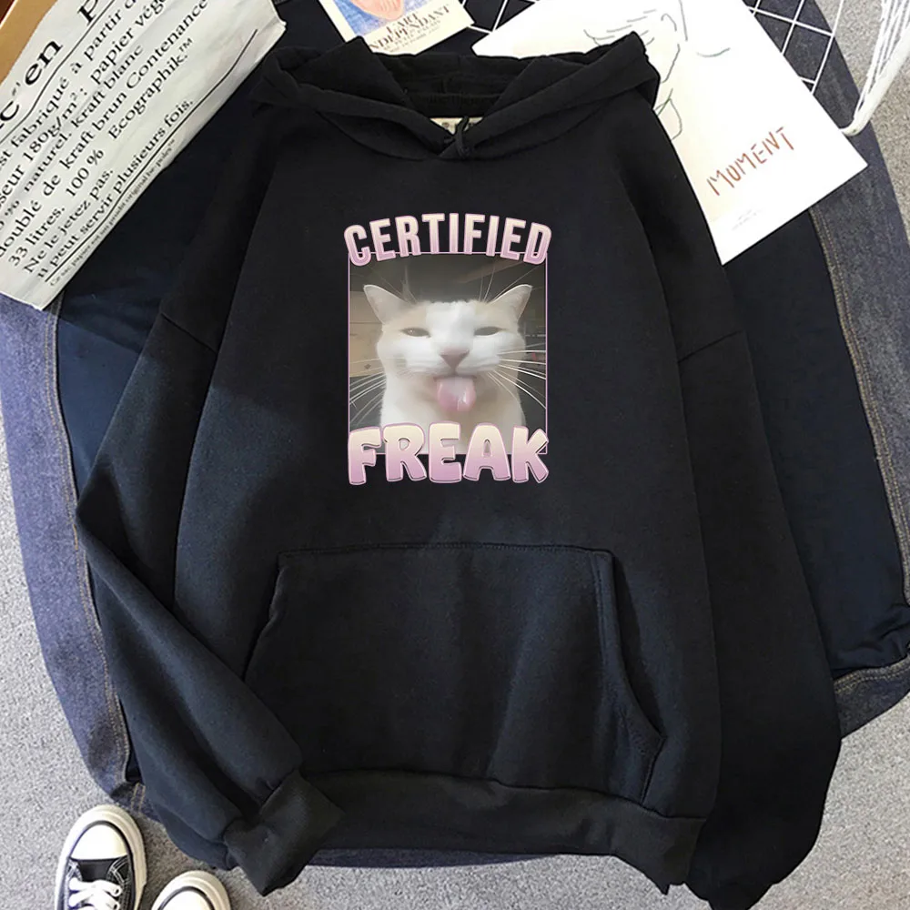 Funny Cartoon Meme CAT Hoodies Certified Freak Sweatshirts with Hooded Streetwear Graphic Clothes Men/Women Casual Soft Hoodie