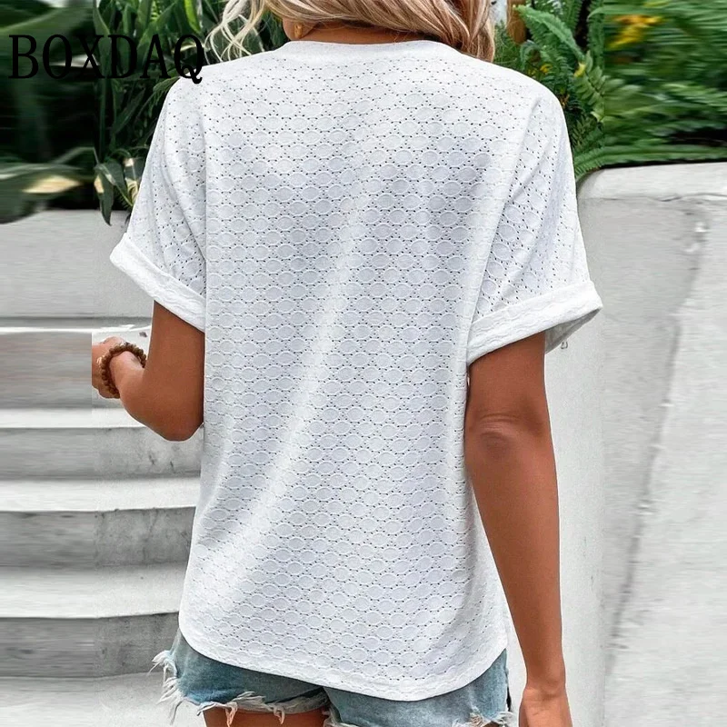 Women Summer Trendy Simple Casual Fashion Button T Shirt V Neck Short Sleeve Solid Loose Pullover Tops Plus Size Ropa De Mujer