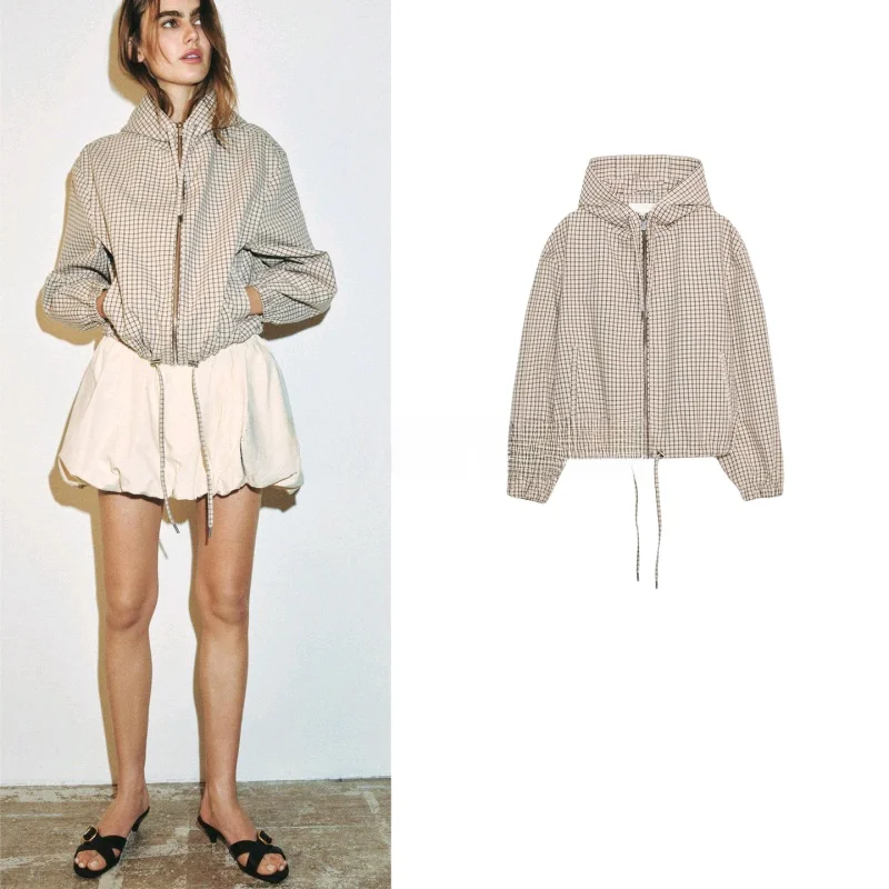 

Spring New Arrival Women's Casual Style Zipper Long Sleeve Hooded Plaid Stand Collar Jacket Polyester Fiber Regular Thickness