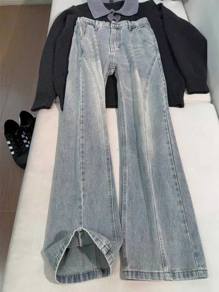 

Retro Blue Slant Cut Flared Jeans Men's American High Street Vibe Straight Leg CleanFit Extended Version Jeans Casual Wear