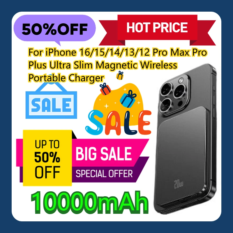 

For iPhone 16/15/14/13/12 Pro Max Pro Plus Ultra Slim 10000mAh Magnetic Wireless Portable Charger