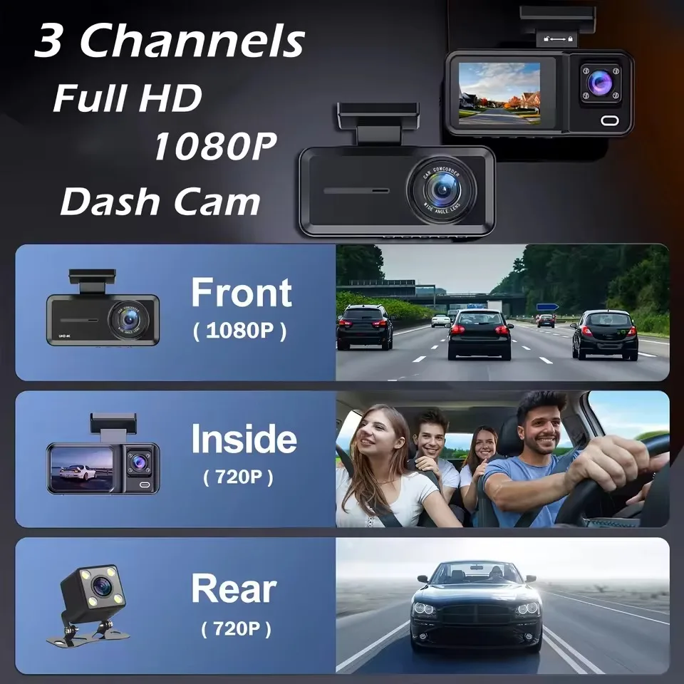 Cámara DVR para Auto de 3 Canales 1080P WiFi, Grabador de Video de Tres Vías con Vista Frontal, Trasera e Interior, Visión Nocturna, Grabación en Bucle, Caja Negra
