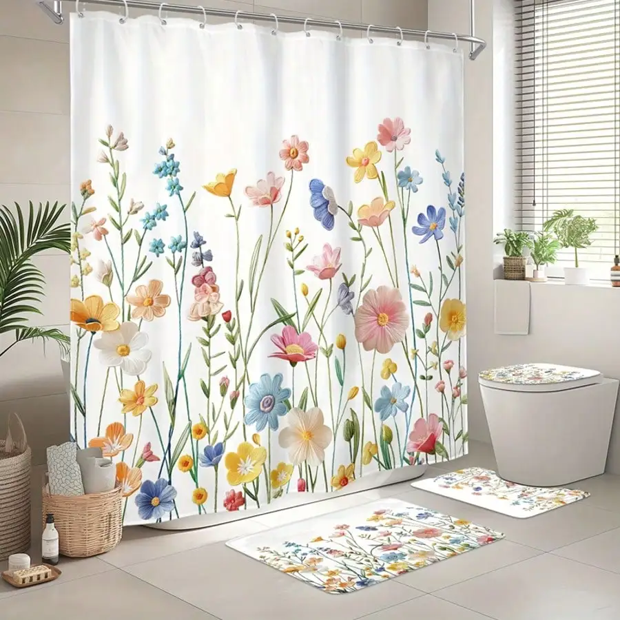 

Занавеска для душа Wild Flower, 4 шт., набор занавесок для душа с дикими цветами - занавеска для душа из полиэфирной ткани, акварельная вышивка