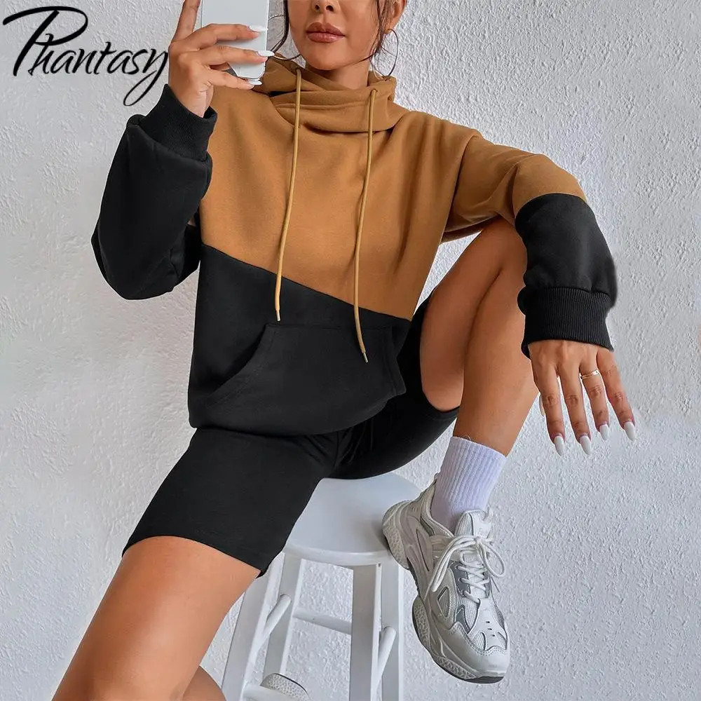 Fantasma solto casual hoodie feminino topo moletom feminino contraste com capuz rua moda solta com capuz roupas vintage