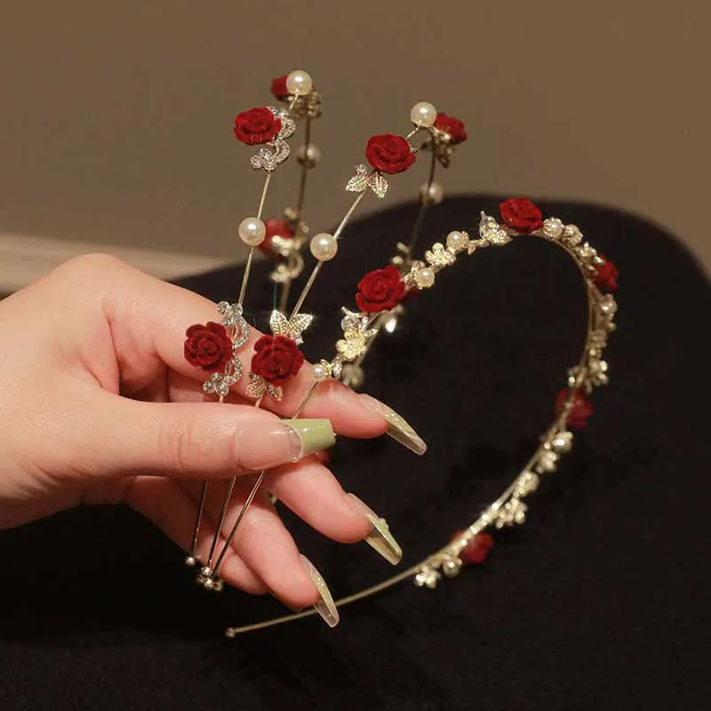 Romantic Wedding Red Rose Women Hair Hoops Bridals Hairbands 2023 Newest Thin Luxury Metal Flower Headbands Headdress Wholesale