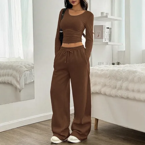 Imagen 2 del producto Conjunto de Dos Piezas para Mujer, Pantalones Anchos Casuales de Moda, Manga Larga, Cuello Redondo, Color Sólido, Corte Ajustado, Otoño e Invierno