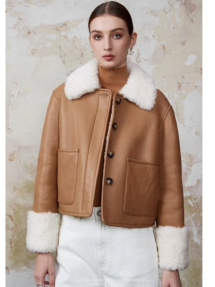 

High-end Luxury Merino Sheep Fur Cropped Jackets for Women 2026 New Simple Vintage Winter Genuine Leather Real Fur Coat