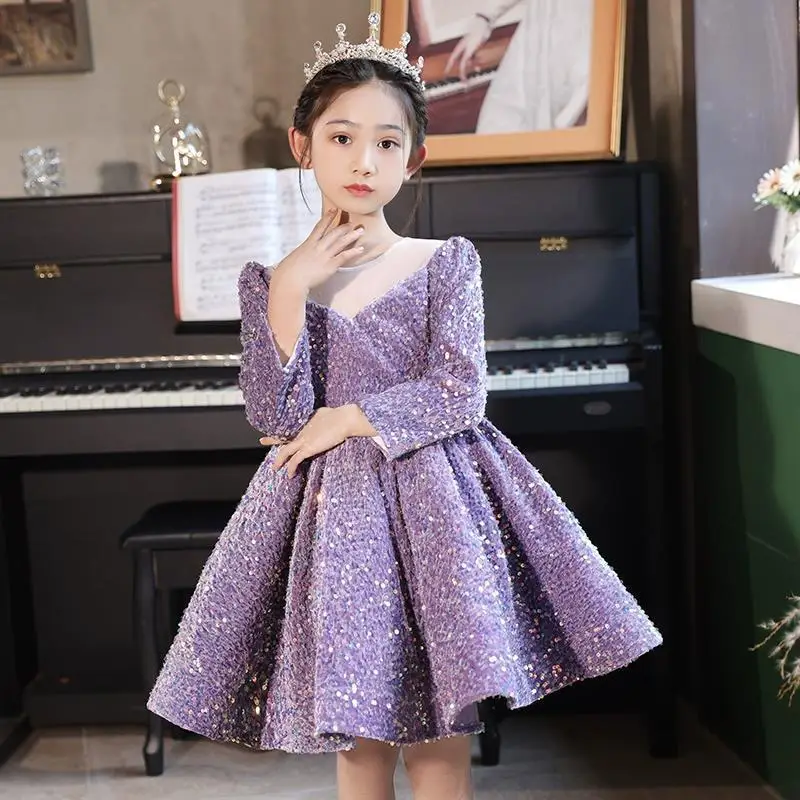 Children\'s Light Luxury Evening Fluffy Princess Ball Gown Girls Fashion Sequins Design Birthday Party Dress y1280