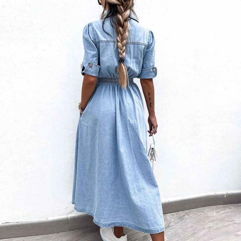 Elegant Lapel Short Sleeve Denim Dress New Casual Single-breasted Pocket Long Dress Summer High Waist Temperament Commute Dress