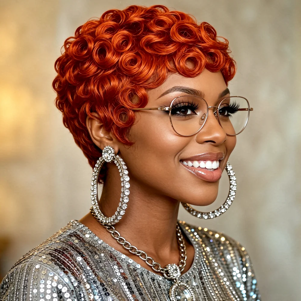 Orange Short Wave Human Hair Wig With Bangs, Full Machine Made Wig, Soft Bouncy Wave Texture, Adjustable Cap Daily Hairstyle For