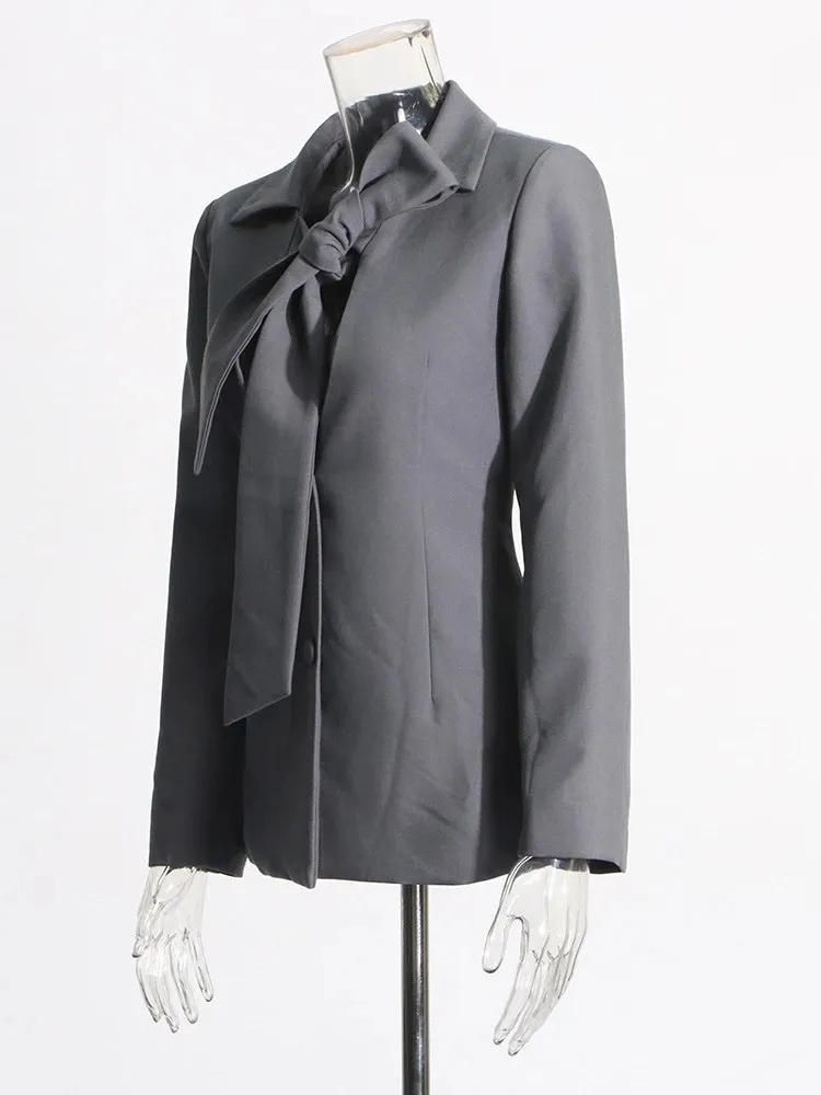 TWOTWINSTYLE Solid Patchwork Lace Up Blazer For Women V Neck Long Sleeve Tunic Spliced Button Minimalist Blazers Female Style