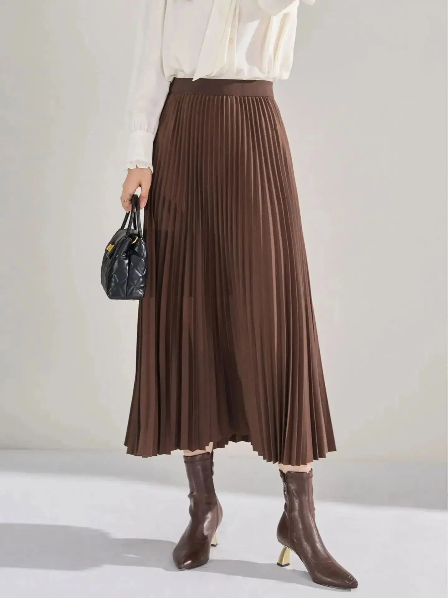 Brand Designer Women Spring Autumn Solid Elegant Chic Pleated Skirt High Waist Luxury With High Elastic Female C-035