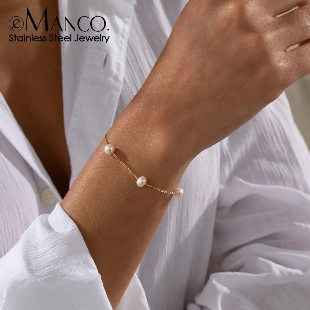 eManco New Trend Dainty Vintage Stainless Steel Single Layer Chain Pearl Bracelet Summer Jewelry Waterproof Accessories