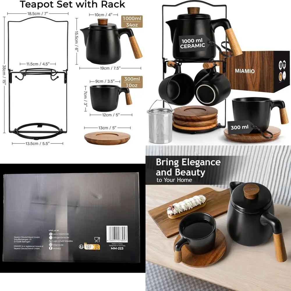 

Ceramic Tea Pot Set with Infuser, 4 Mugs, Bamboo Saucers, Tea Strainer for Home and Office Use (Black)